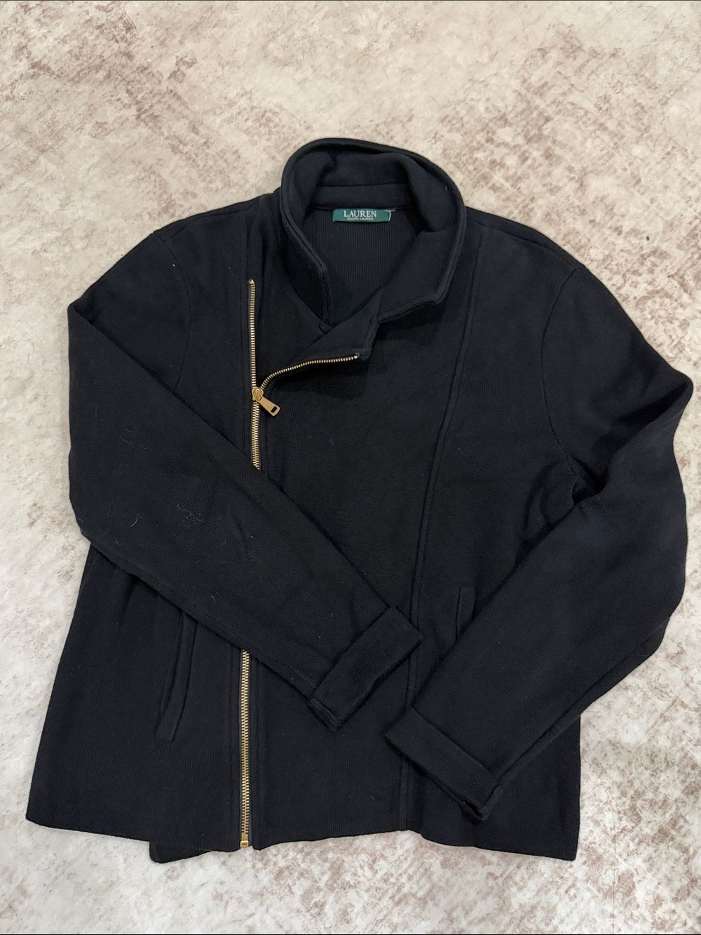 Lauren Ralph Lauren Black Asymmetrical Zip Cardigan Jacket L